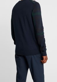 Maglione blu navy con lavorazione a trama e dettagli a righe verdi sulle maniche; scollatura tonda e orlo a costine, indossato con pantaloni scuri.