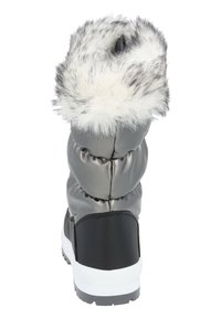 Botín gris de invierno con un diseño acolchado, ribete de pelo sintético en blanco y negro, y una suela de goma en contraste en blanco y negro.
