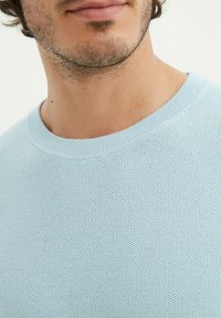 Pull en tricot bleu clair avec un motif texturé, doté d'un col rond et de bords côtelés. Le tissu semble doux et respirant.