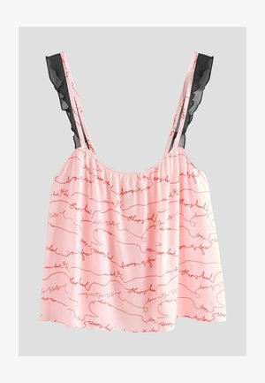 Rosa ärmelloses Top mit lockerer Passform, ausgestattet mit schwarzen Netz-Akzenten an den Trägern und einem sich wiederholenden roten Schriftmuster. Weicher Stoff, lässiges Design.