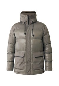 Giacca a vento imbottita in grigio tenue con collo alto, chiusura con zip, coulisse e due tasche frontali. Presenta una texture trapuntata e un design elegante.