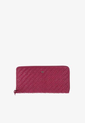 Rectangular maroon leather wallet with woven texture, zipper closure, and small metal logo centered on front.