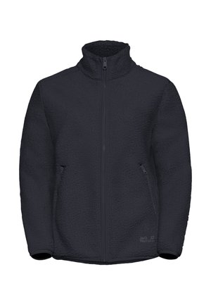 Giacca in pile nera con colletto alto, chiusura con zip completa, due tasche laterali, tessuto testurizzato e logo stampato sull'orlo inferiore.