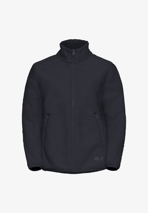 Schwarze Fleecejacke mit hohem Kragen, durchgehendem Reißverschluss, zwei Seitentaschen, strukturiertem Material und Logo-Druck am unteren Saum.