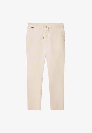 Beżowe spodnie z lekkiego materiału, charakteryzujące się elastycznym pasem ze sznurkiem, zwężanymi nogawkami oraz kieszeniami bocznymi.