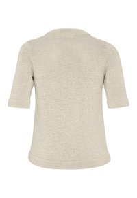 Pull à manches courtes en tissu tricoté beige clair. Comprend un col rond et des poignets roulés, avec un tissage texturé et lâche.