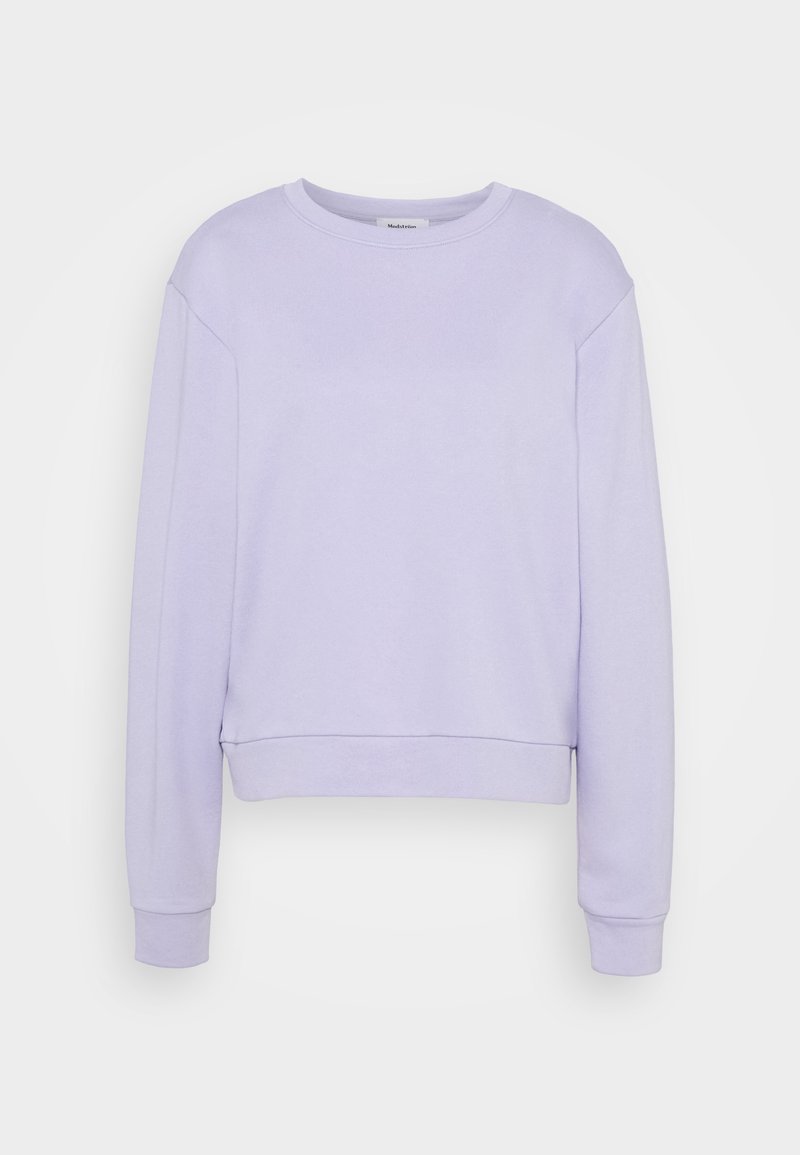 Sudadera de cuello redondo de manga larga en color lila, con puños y dobladillo de canalé, mostrada sobre un fondo blanco liso.