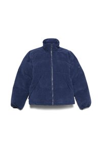 Mørkeblå corduroy zip-up jakke med høj krave, elastiske manchetter og en tekstureret overflade. Har sidelommer og et subtilt logo mærke.
