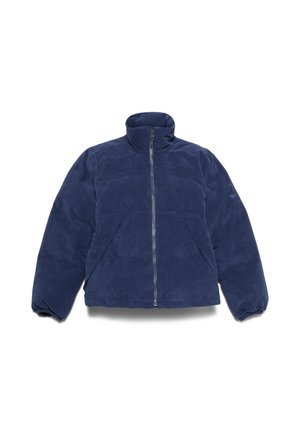 Marine corduroy ritjack met hoge kraag, elastische manchetten en een textuur oppervlak. Voorzien van zijzakken en een subtiele logo patch.
