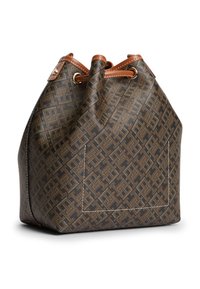 Καφέ και μαύρη δερμάτινη τσάντα μπαούλο με σχέδιο, με ταμπά δερμάτινη επένδυση και κλείσιμο με κορδόνι.