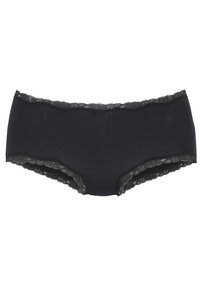 Biancheria intima hipster per donne di colore con un corpo in tessuto liscio e un delicato pizzo lungo l'elastico della vita e le aperture delle gambe.
