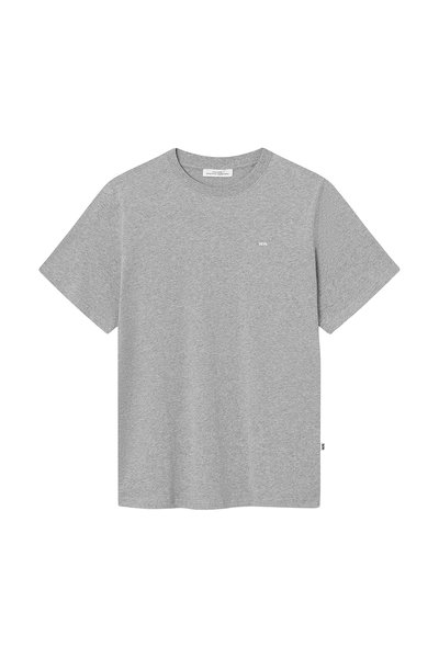 Gray cotton t-shirt with a crew neckline and short sleeves. Features a small logo printed on the upper chest area. Simple, solid design.