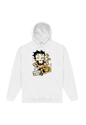 Hvid hættetrøje med grafisk design af en tegneseriefigur, med sort hår, røde accenter og en illustration af et gult vintage kamera.