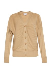Beige geribbelde cardigan met een V-hals, lange mouwen en zeven houten knopen aan de voorkant. Heeft een ontspannen pasvorm en een gestructureerd materiaal.