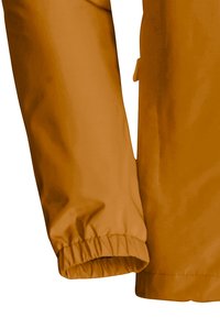 Manche de veste orange résistante à l'eau, avec poignet élastique et texture lisse et brillante, au design épuré et aux bords nets.