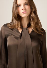 Blusa di seta marrone con scollatura a chiave e un dettaglio annodato sul davanti. Maniche lunghe con una consistenza liscia e un leggero lucido.