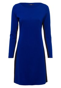 Abito a maniche lunghe con davanti blu brillante e pannelli laterali neri, realizzato in tessuto morbido con scollatura a barchetta e vestibilità comoda.