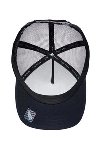Black cap with a mesh interior, curved brim, and a holographic logo patch. Interior features branded tape. Smooth, textured fabric.