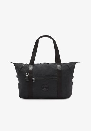 Sac de sport en nylon noir avec deux poignées supérieures, fermeture zippée, poche avant, accents en cuir et emblème de logo ; finition en tissu texturé.