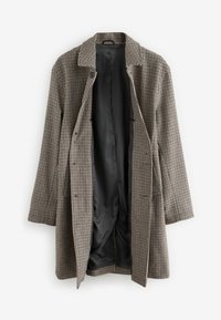 Kahvi- ja kerma-hahmoista houndstooth-kuvioista takkia, jossa on taitettu kaulus, kaksi etutaskua ja musta satiinivuori.
