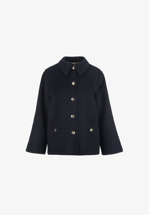 Navy blue jacket made of a wool blend, featuring a full button front, two front pockets, and a collar. Gold-tone buttons add detail.