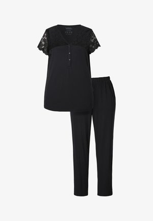 Sorte to-delt sæt med en kortærmet top med blonder og en knaplukning, parret med komfortable bukser med elastik i taljen.