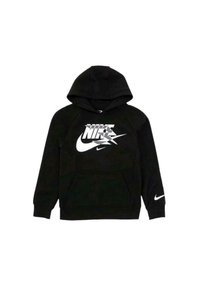 Sweatshirt à capuche noir en matière polaire, avec un grand logo Nike blanc sur le devant et un petit logo sur la manche gauche.