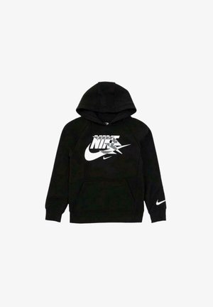 Felpa con cappuccio nera realizzata in materiale felpato, con un grande logo Nike bianco sul davanti e un piccolo logo sulla manica sinistra.