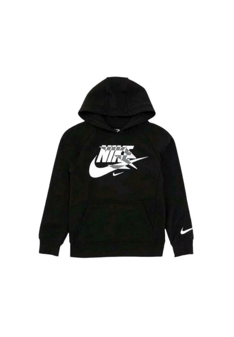 Sweatshirt à capuche noir en matière polaire, avec un grand logo Nike blanc sur le devant et un petit logo sur la manche gauche.