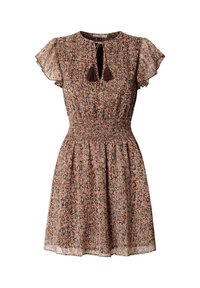 Brun kortærmet kjole med blomsterprint, nøglehulhalsudskæring med kvaster, smock-talje og gennemsigtige flagrende ærmer.