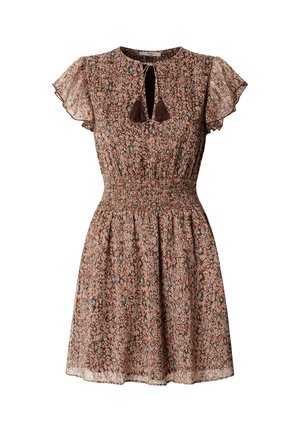 Hnedé krátke šaty s kvetinovým vzorom, výstrihom s otvorom a strapcami, pružným pásom a priehľadnými lietavými rukávmi.