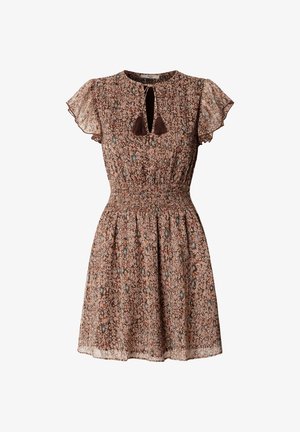 Ruskea lyhythihainen mekko, jossa kukkakuosi, avainreikäkaulus tupsuilla, smokkivyötärö ja läpikuultavat liehuvat hihat.