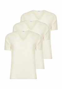 Tre magliette a maniche corte con scollo a V di colore crema chiaro. Realizzate in tessuto morbido con una texture liscia, caratterizzate da un taglio e un design classici.