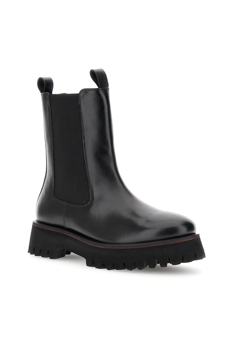 Schwarze Leder-Stiefelette mit elastischen seitlichen Einsätzen, strukturiertem Gummisohle und einer massiven Plattform für zusätzlichen Komfort. Glatte Oberfläche und langlebiges Design.