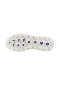 Suela de zapato de goma blanca con patrones circulares y acentos azules. Superficie texturizada con perforaciones para agarre y ventilación.