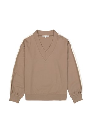 Bruine trui met lange mouwen en een V-hals, voorzien van witte strepen langs de mouwen, aangezette manchetten en een losse pasvorm. Zachte stoftextuur.
