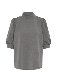 Gray short-sleeve top with a high neck and puffed sleeves. Soft, textured fabric with a relaxed fit and a straight hemline.