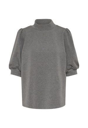 Gray short-sleeve top with a high neck and puffed sleeves. Soft, textured fabric with a relaxed fit and a straight hemline.