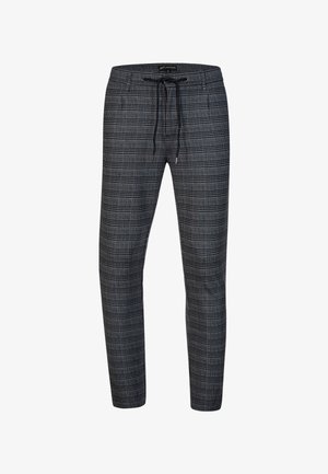 Gray checkered trousers with a drawstring waistband, featuring a slim fit and side pockets. Material appears smooth with a structured design.