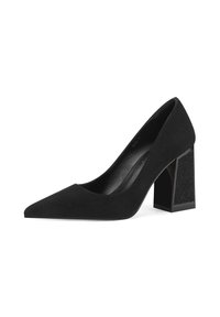 Pump nera in suede con tacco alto, punta affusolata e tacco a blocco texture. Il tacco presenta un dettaglio rialzato per un interesse visivo aggiuntivo.