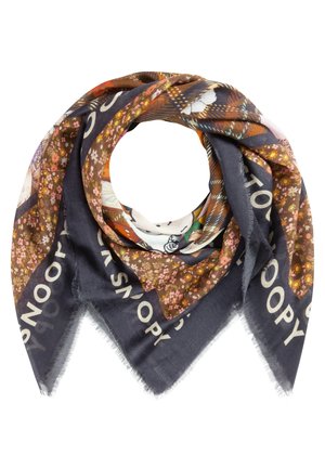 Vierkante sjaal gevouwen in een lus met multicolor bloemen- en ruitpatronen, met de tekst "SNOOPY" langs de marineblauwe randen.