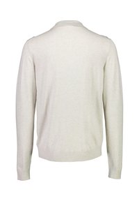 Ljusbeige långärmad tröja med rund krage, tillverkad av ett mjukt material. Har ribbade mudd och nederkant, med en slät yta.