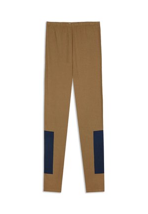 Leggings marroni con una texture morbida, caratterizzati da pannelli blu scuro nella parte bassa delle gambe e una vita elastica per il massimo comfort.