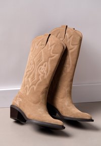 Brązowe zamszowe kowbojki z haftem w stylu western, spiczastym noskiem, czarnym obcasem i tkaninowymi pętelkami; gładka tekstura i dekoracyjne przeszycia.