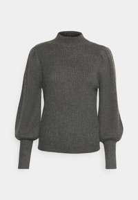 Dunkelgrauer gerippter Strickpullover mit hohem Kragen und langen puffartigen Ärmeln, die an den Handgelenken enger werden, auf weißem Hintergrund dargestellt.