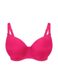 Fuchsia beha met vulling, verstelbare bandjes, gladde textuur, haak-en-oogsluiting aan de voorkant, en subtiele verticale ribbelpatroon.