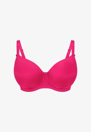 Fuchsia gepolsterter BH mit verstellbaren Trägern, glatter Textur, Haken- und Ösenverschluss vorne und subtilem vertikalem Rippmuster.
