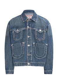 Veste en denim bleu moyen avec coutures blanches. Comprend deux poches poitrine et deux grandes poches devant. Col classique et fermeture par boutons.