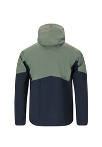 Kaksivärinen huppari, jossa on vaaleanvihreä yläosa ja hihat sekä tummansiniset alaosa, näkyy takaa.