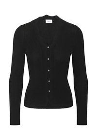 Fekete, bordázott anyagból készült hosszú ujjú kardigán V-nyakkivágással, hullámos szegéllyel és fényes gombokkal az elején.